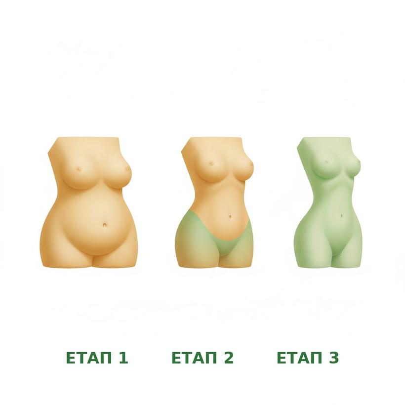Три етапа на промяна във фигурата: първите дни, седмица 2–3, месец 2–3